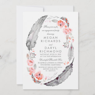 Invitación Boho Floral Feathers Vintage Engagement Party