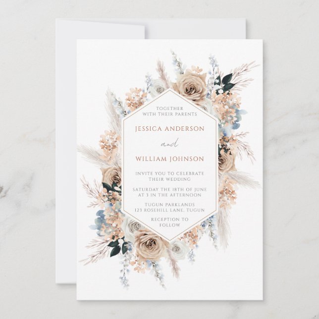 Invitación Boho Floral Frame Dusty Blue Boda (Anverso)