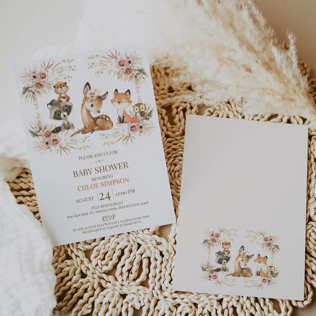 Invitación Boho Floral Frame Woodland Baby Shower (Sweet woodland themed baby shower invitation featuring a boho floral frame and woodland animals.)