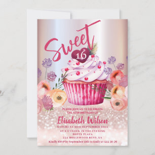Invitación Boho floral Girly Rosa oro purpurinoso