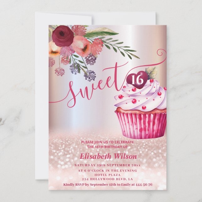 Invitación Boho floral Girly Rosa oro purpurinoso (Anverso)