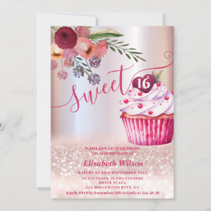 Invitación Boho floral Girly Rosa oro purpurinoso