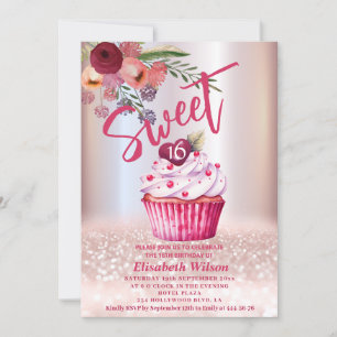 Invitación Boho floral Girly Rosa oro purpurinoso