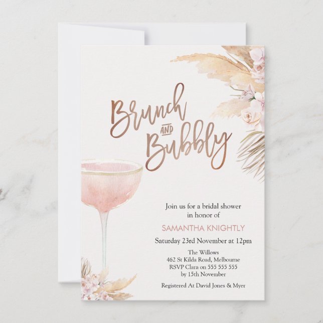 Invitación Boho Floral Glass Brunch Bubbly Bridal Shower (Anverso)