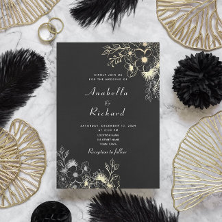 Invitación Boho Floral Gold Black and White Boda