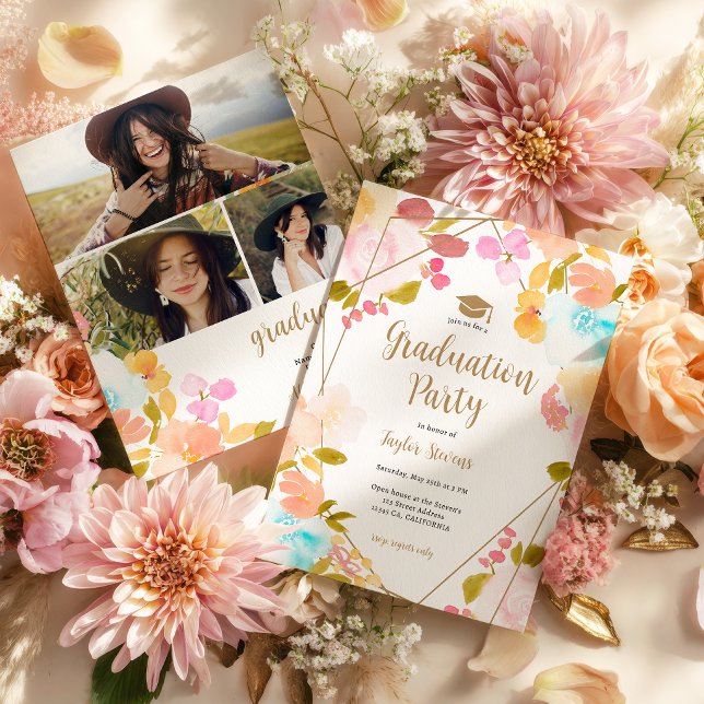 Invitación Boho Floral Gold Geometric Modern Photo Graduation (Boho Floral Gold Geometric Modern Photo Graduation Invitation)