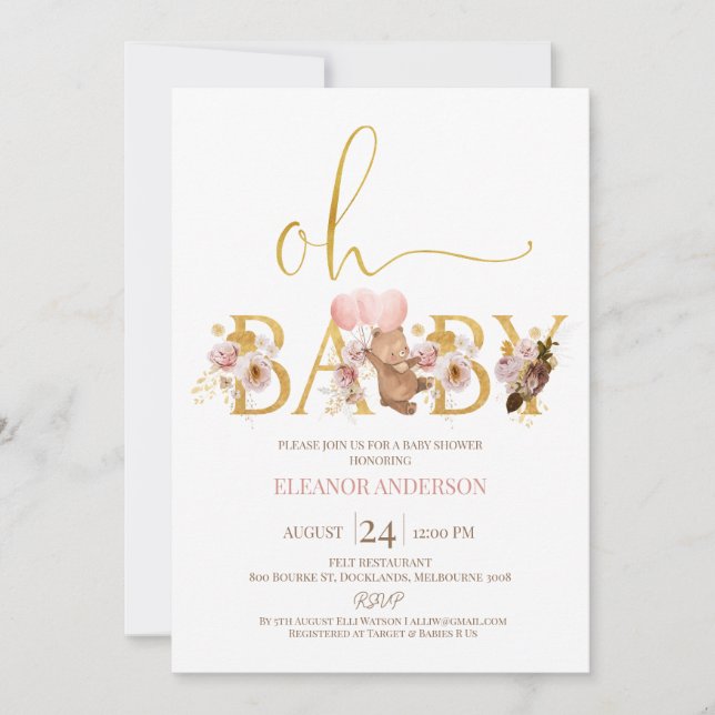 Invitación Boho Floral Gold Word Teddy Bear Baby Shower (Anverso)