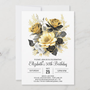 Invitación Boho Floral Gold y Black 50th Birthday
