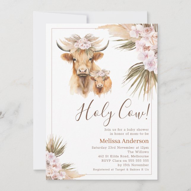 Invitación Boho Floral Highland Cow Calf Baby Shower (Anverso)