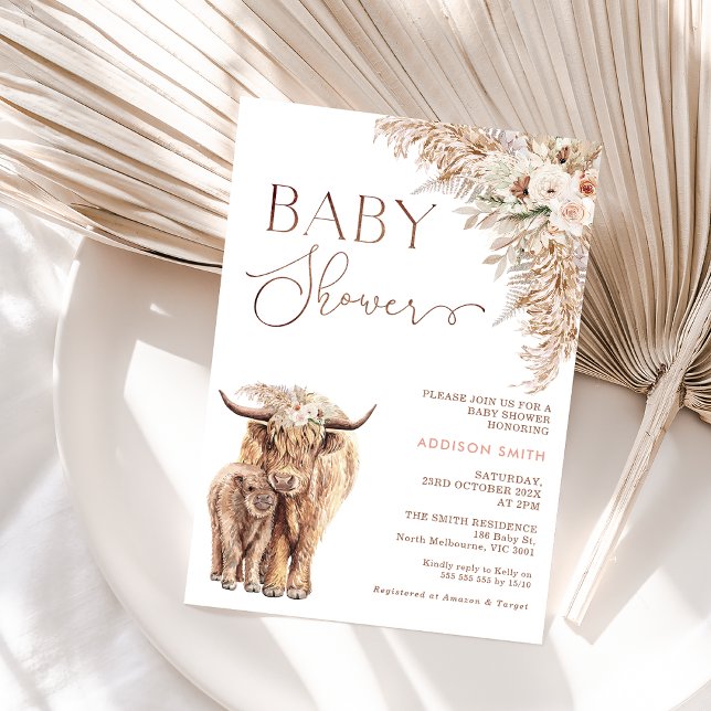 Invitación Boho Floral Highland Cow Calf Baby Shower (Boho Floral Highland Cow baby Shower Invitation, Cow Calf Baby Shower Invite, Holy Cow Bohemian )