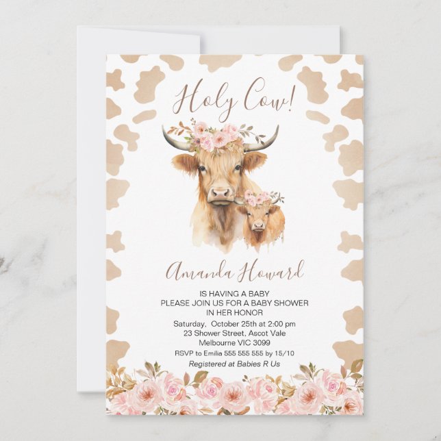 Invitación Boho Floral Highland Holy Cow Baby Shower (Anverso)