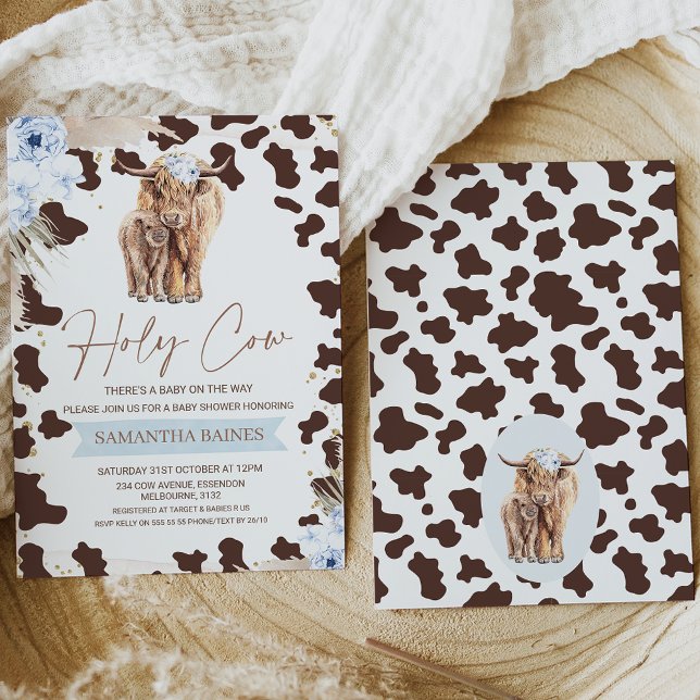 Invitación Boho Floral Holy Cow Highland Cow Baby Shower (Subido por el creador)