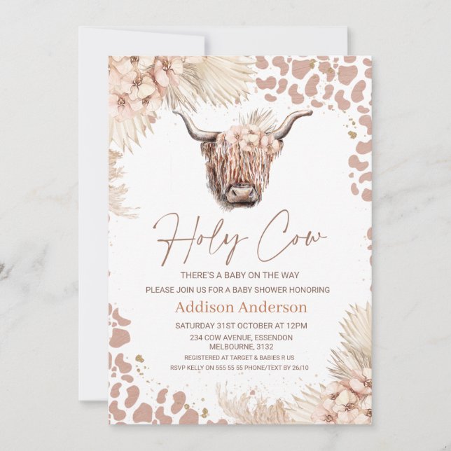 Invitación Boho Floral Holy Cow Highland Cow Baby Shower  (Anverso)