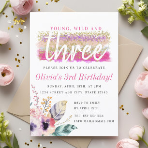 Invitación Boho Floral Joven Salvaje y Cumpleaños de Tres Niñ