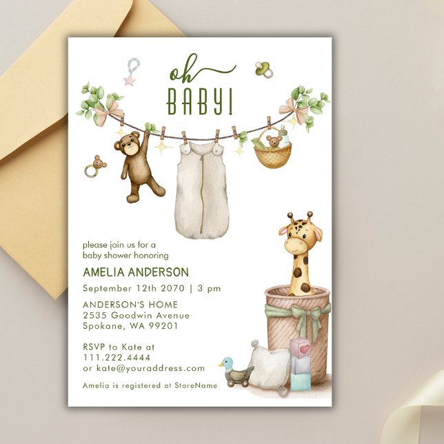 Invitación Boho Floral Jungle Clothline Animals Baby Shower  (Subido por el creador)