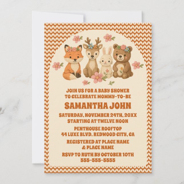 Invitación Boho Floral Knitus Woodland Animals Baby Shower (Anverso)