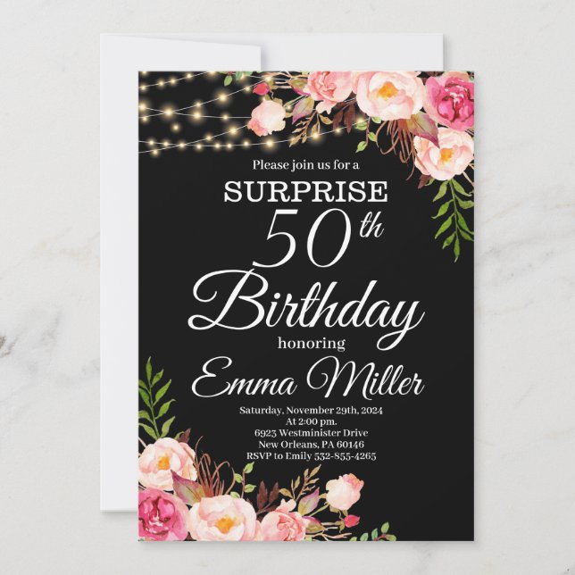 Invitación Boho Floral & Lights Sorpresa 50 cumpleaños (Anverso)