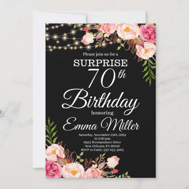 Invitación Boho Floral & Lights Sorpresa 70 cumpleaños (Anverso)