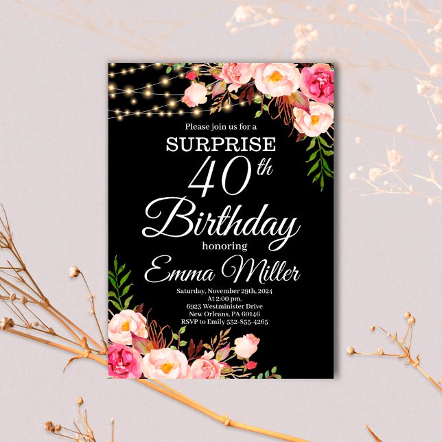 Invitación Boho Floral & Lights Surprise 40 cumpleaños (Subido por el creador)