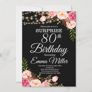 Invitación Boho Floral & Lights Surprise 80 cumpleaños