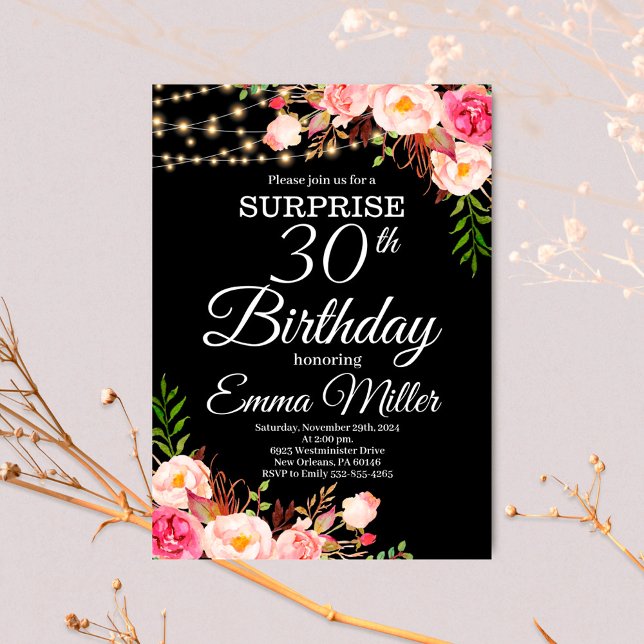 Invitación Boho Floral & Lights Surprise Cumpleaños 30 (Subido por el creador)