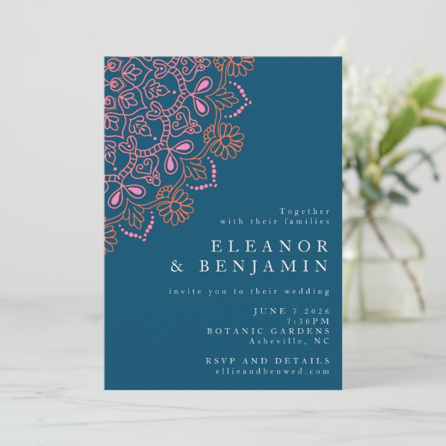 Invitación Boho Floral Mandala Verde azulado Blue Elegant Wed (Anverso de pie)
