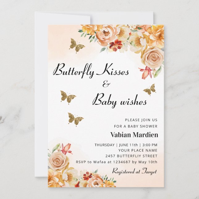 Invitación Boho Floral mariposa besa a chica Baby Shower (Anverso)