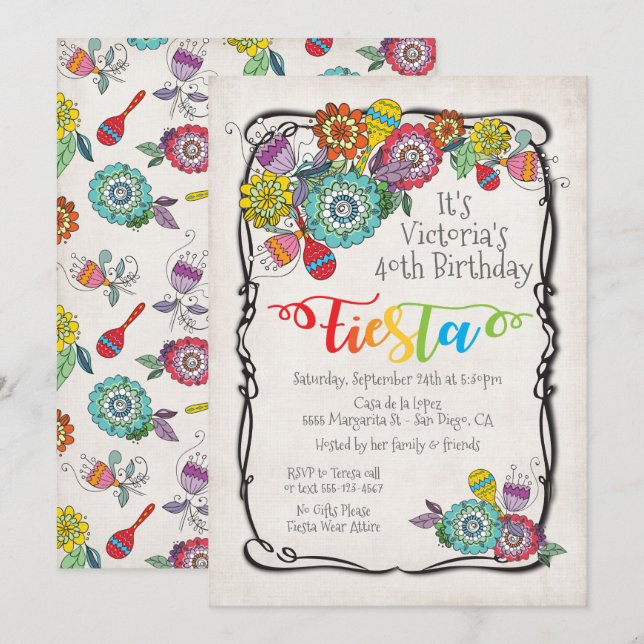 Invitación Boho Floral Mexicano Fiesta Cumpleaños (Anverso / Reverso)