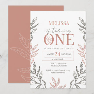 Invitación Boho Floral minimalista Terracotta Primer Cumpleañ