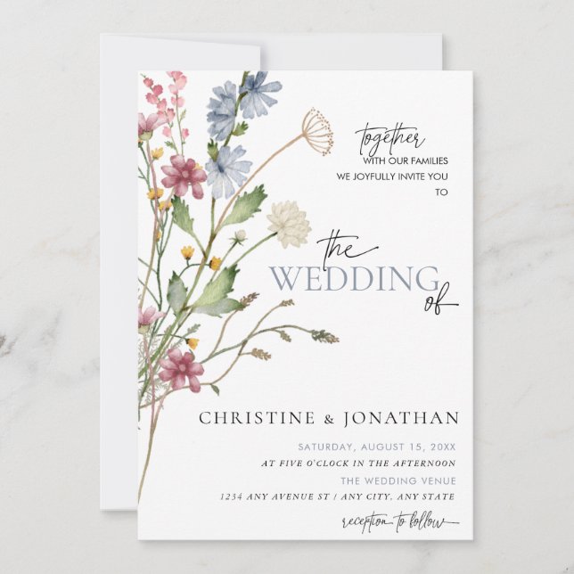 Invitación Boho floral moderno | Boda de flores silvestres (Anverso)