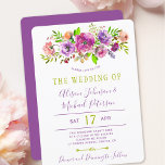 Invitación Boho floral morada de primavera verde<br><div class="desc">Plantilla rústica y elegante para la invitación a la boda, con un ramo de peones púrpura, violeta, malva, lila y rosa chillón de color rosa, con un follaje verde helecho y sabio y letras modernas de escritura tipográfica. La invitación es apta para la primavera rústica moderna o la primavera de...</div>
