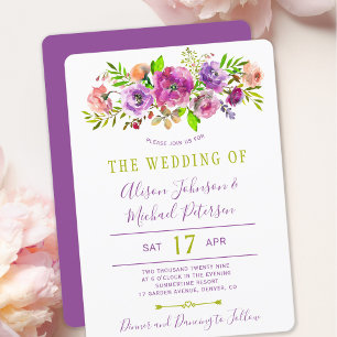 Invitación Boho floral morada de primavera verde