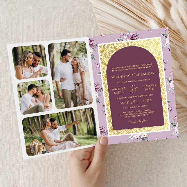 Invitación Boho Floral Morado Enterizo Bodas Indias de Oro (Subido por el creador)
