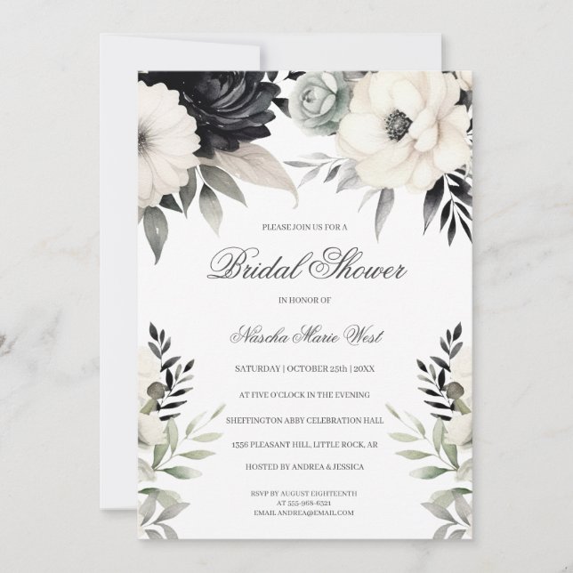 Invitación Boho Floral Negro Crema Despedida de Soltera (Anverso)