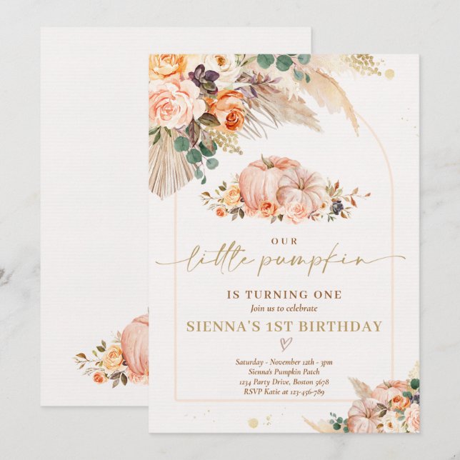 Invitación Boho Floral Nuestro pequeño calabaza Fiesta de cum (Anverso / Reverso)