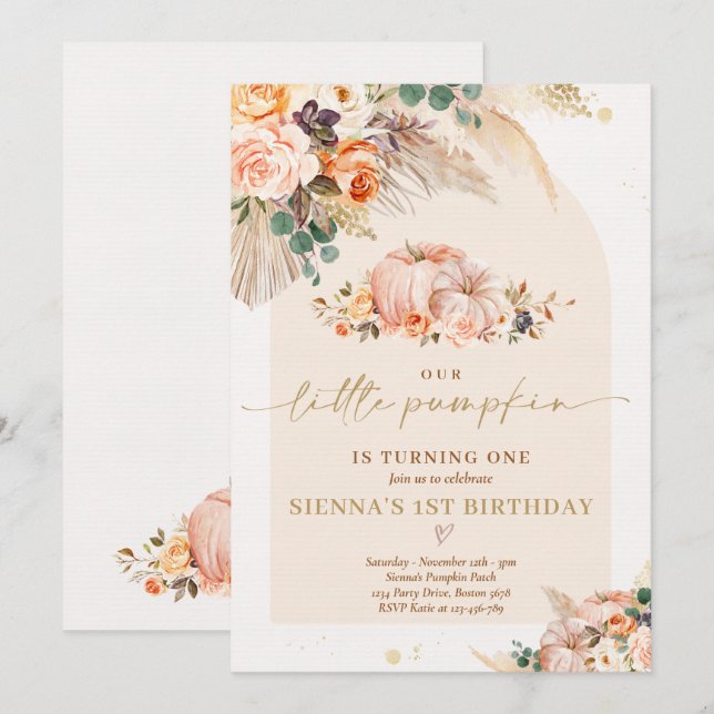 Invitación Boho Floral Nuestro pequeño calabaza Fiesta de cum (Anverso / Reverso)