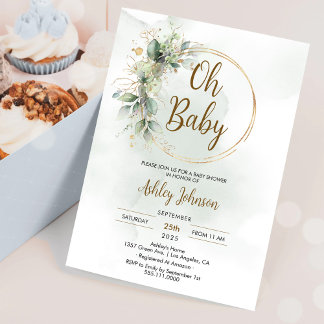 Invitación Boho Floral Oh Baby Green y Gold Baby Shower