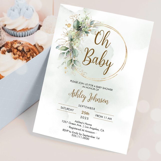 Invitación Boho Floral Oh Baby Green y Gold Baby Shower (Subido por el creador)