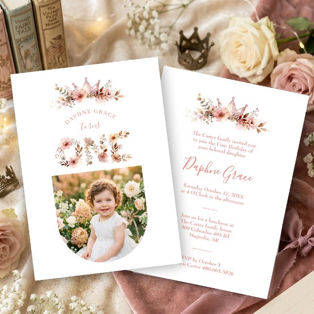 Invitación Boho Floral One Word Pink First Birthday  (Boho Floral One Word Pink First Birthday Invitation with Romantic Watercolor Effect Wildflowers.)