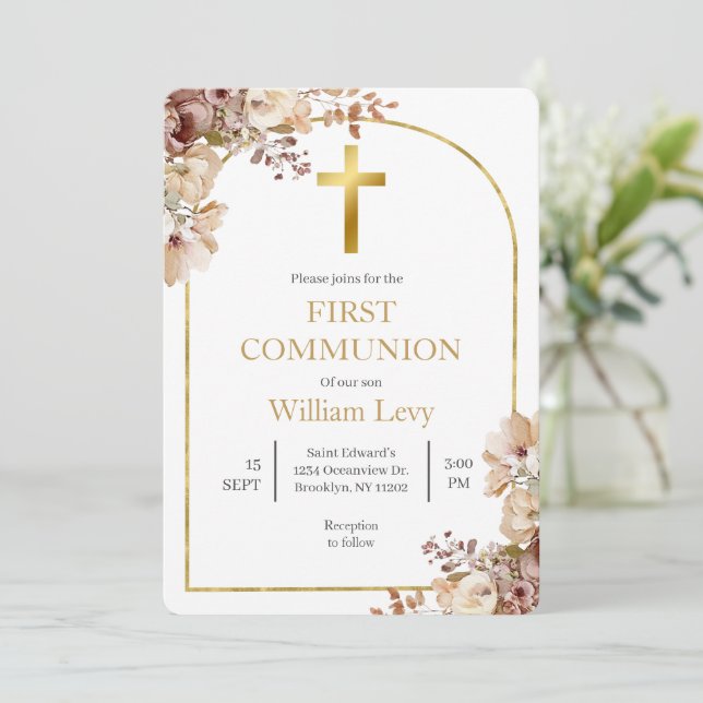 Invitación Boho floral otoño primera comunión (Anverso de pie)