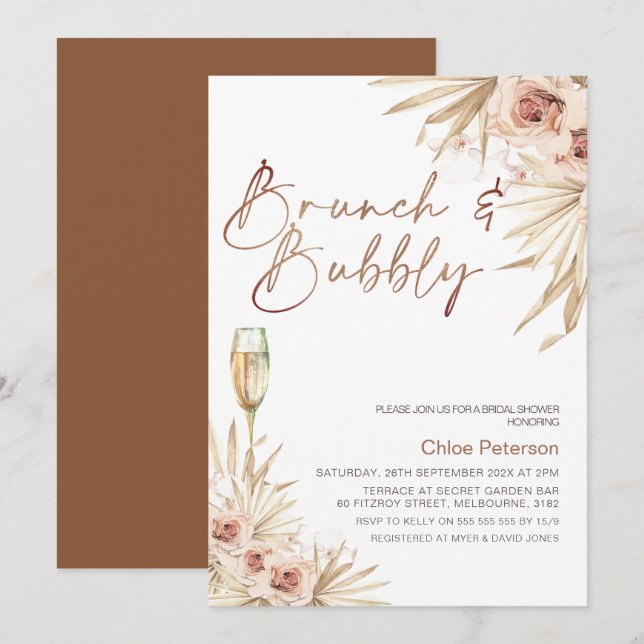 Invitación Boho Floral Palm Brunch Bubbly Bridal Shower (Anverso / Reverso)