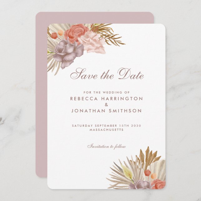 Invitación Boho Floral Palm Leaf Pink Wedding Save The Date (Anverso / Reverso)