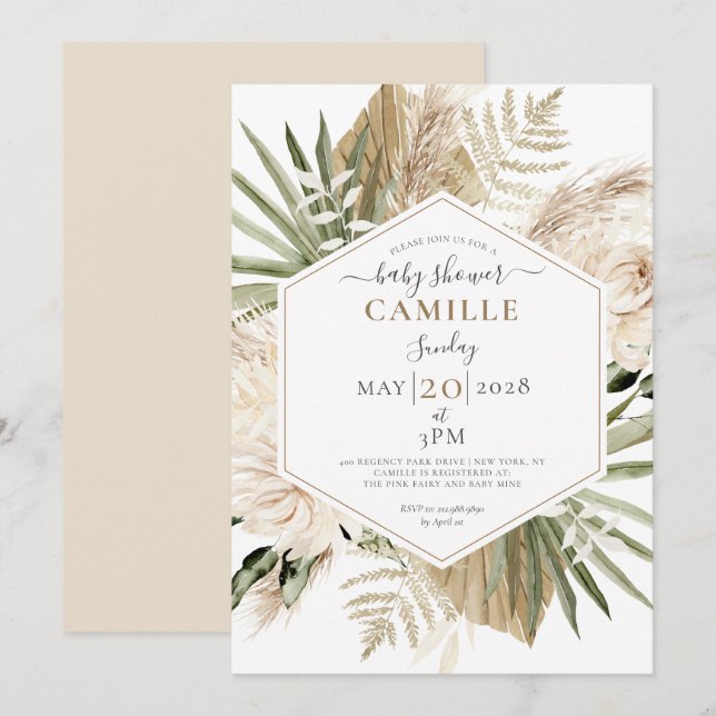 Invitación Boho Floral Palmetto deja Eucalyptus Baby Shower (Anverso / Reverso)