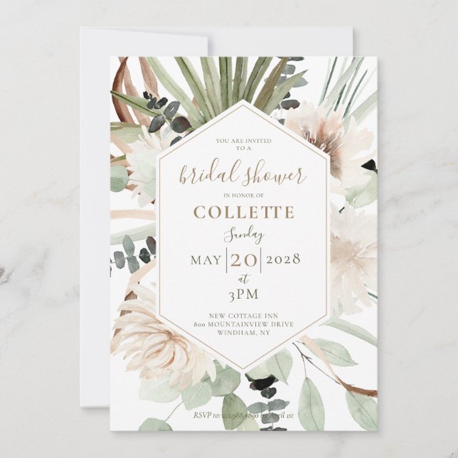 Invitación Boho Floral Palmetto Pampas Ducha de Novias Grasas (Anverso)