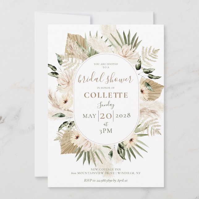 Invitación Boho Floral Palmetto Pampas Ducha de Novias Grasas (Anverso)