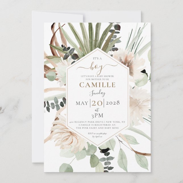 Invitación Boho Floral Palmetto Sale eucalipto (Anverso)