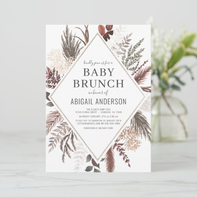 Invitación Boho Floral Pampas Ducha de brunch para bebés  (Anverso de pie)