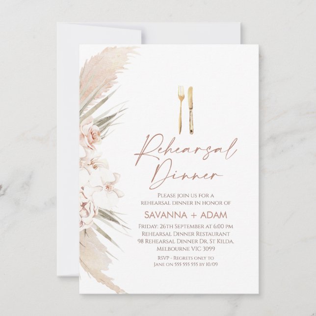 Invitación Boho Floral Pampas Grasería Ensayo Cena (Anverso)