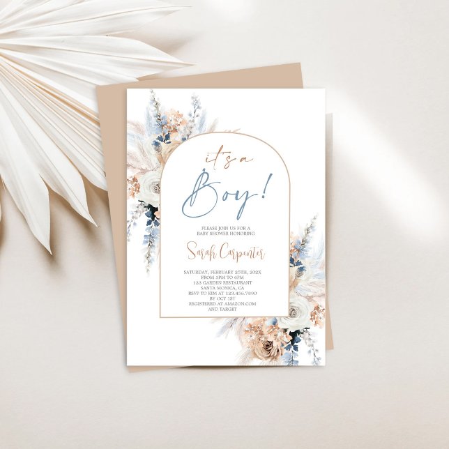 Invitación Boho Floral Pampas Grass Baby Shower Boy (Subido por el creador)