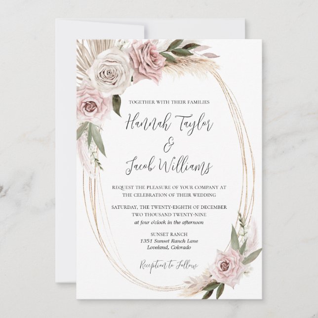 Invitación Boho Floral Pampas Grass Boda (Anverso)